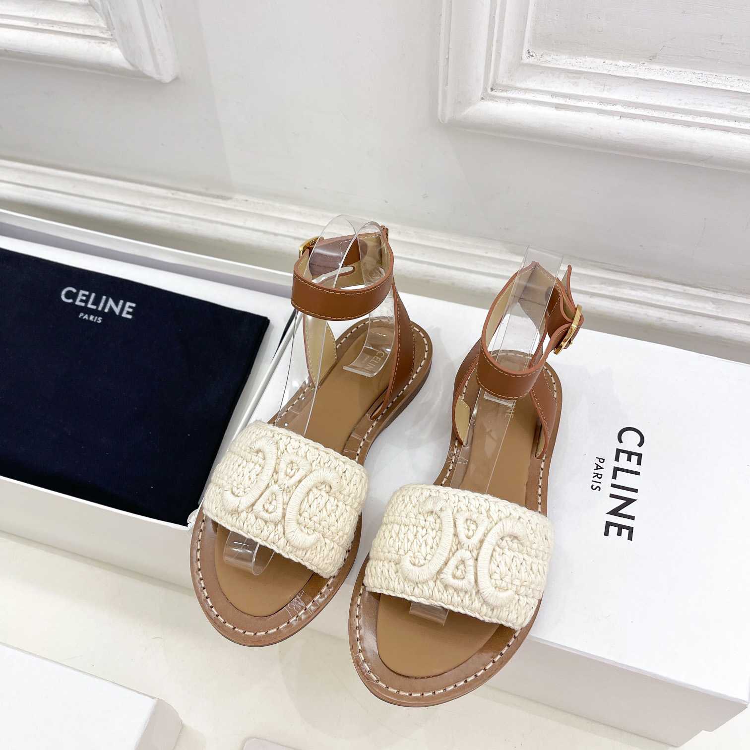 Celine Lympia Sandal In Triomphe Maccrame Cotton & Calfskin - FashionPlug