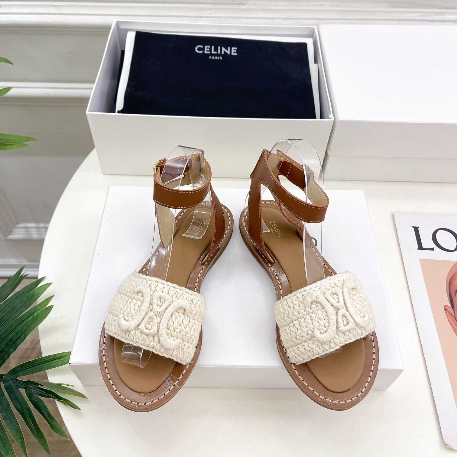 Celine Lympia Sandal In Triomphe Maccrame Cotton & Calfskin - FashionPlug