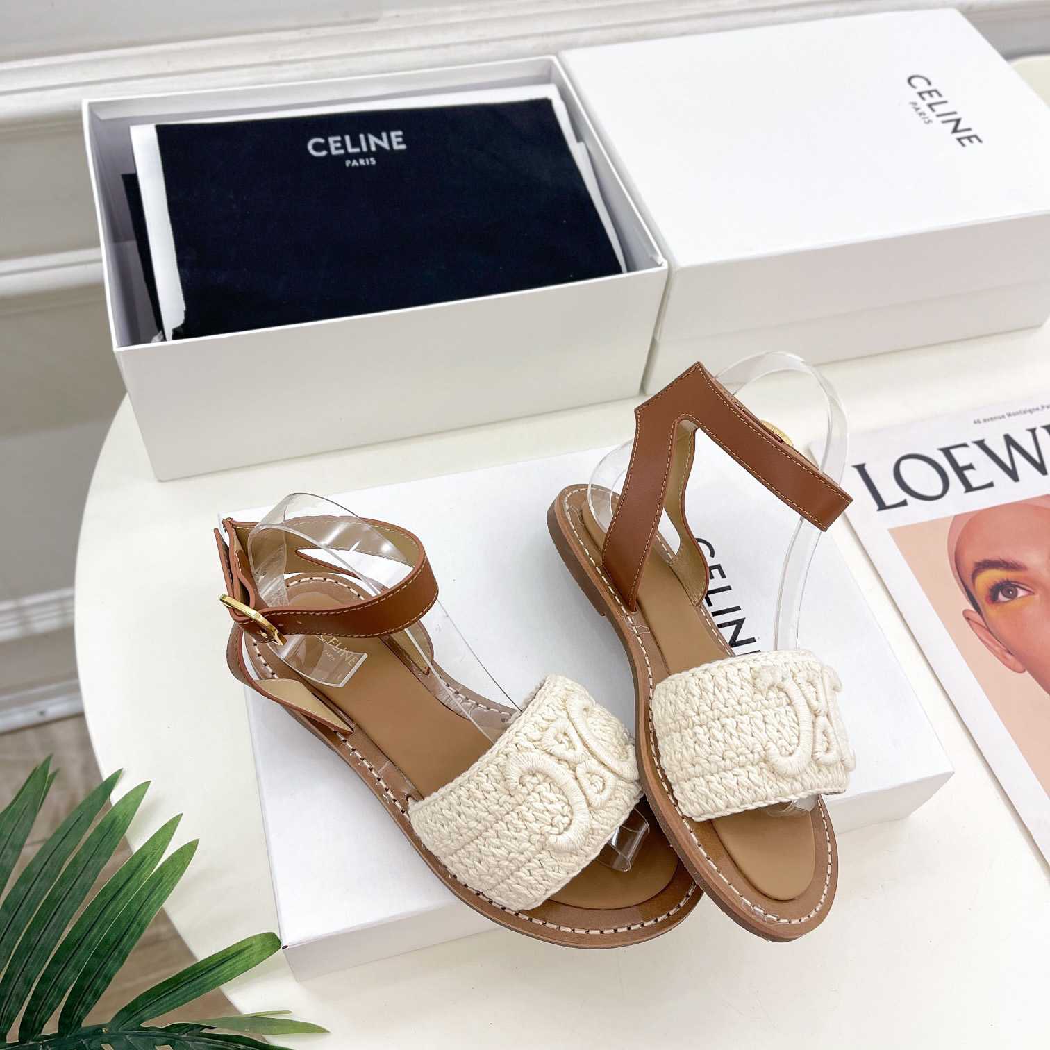 Celine Lympia Sandal In Triomphe Maccrame Cotton & Calfskin - FashionPlug