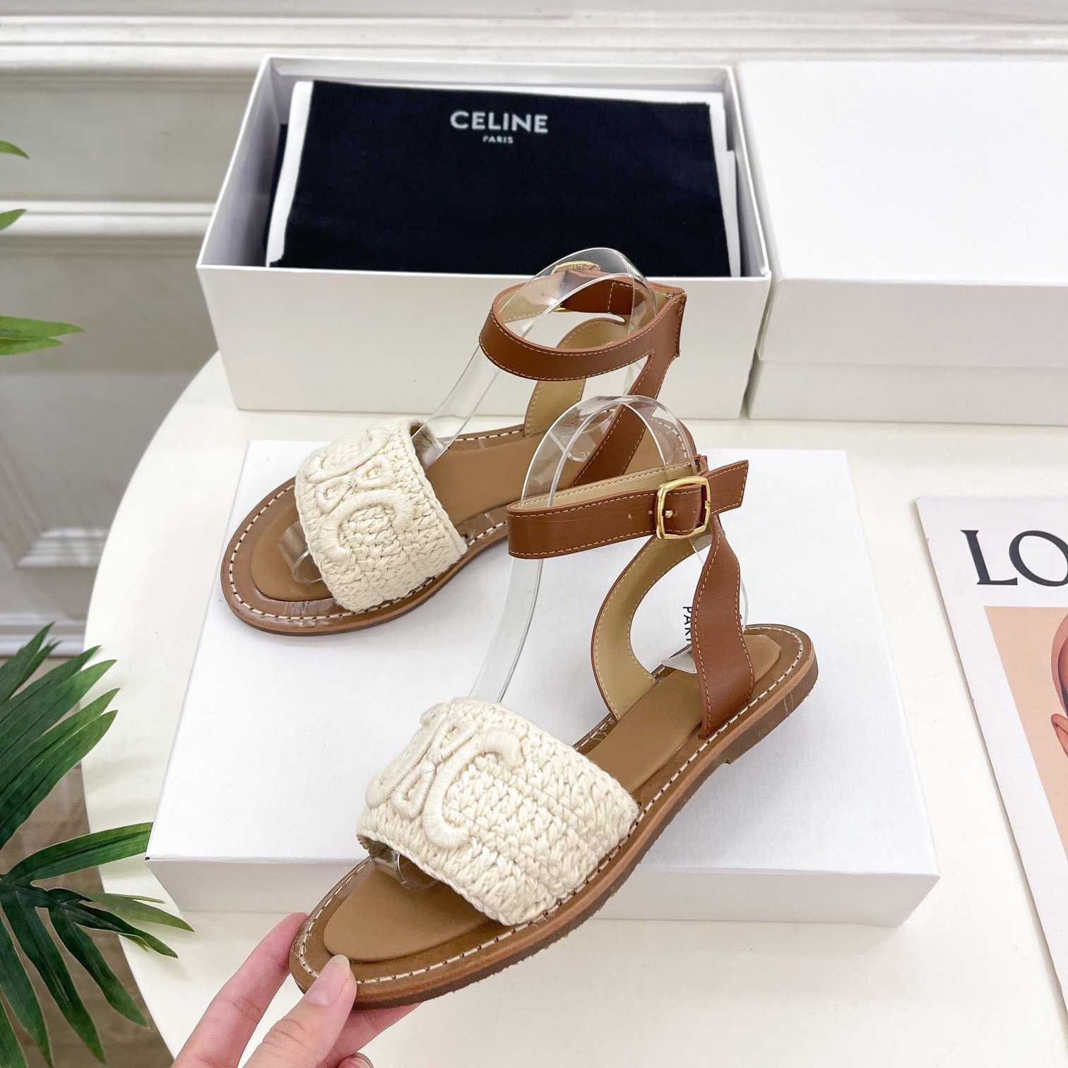 Celine Lympia Sandal In Triomphe Maccrame Cotton & Calfskin - FashionPlug