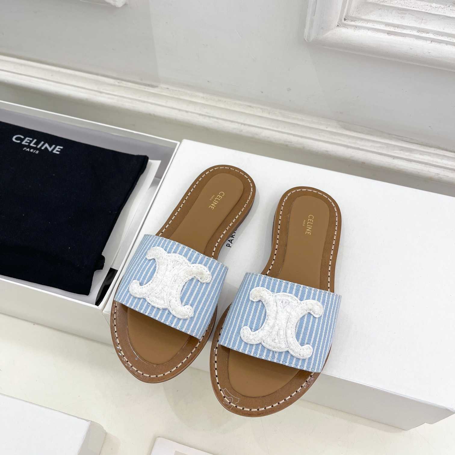 Celine Lympia Mule In Oshkosh Canvas Off White / Navy - FashionPlug