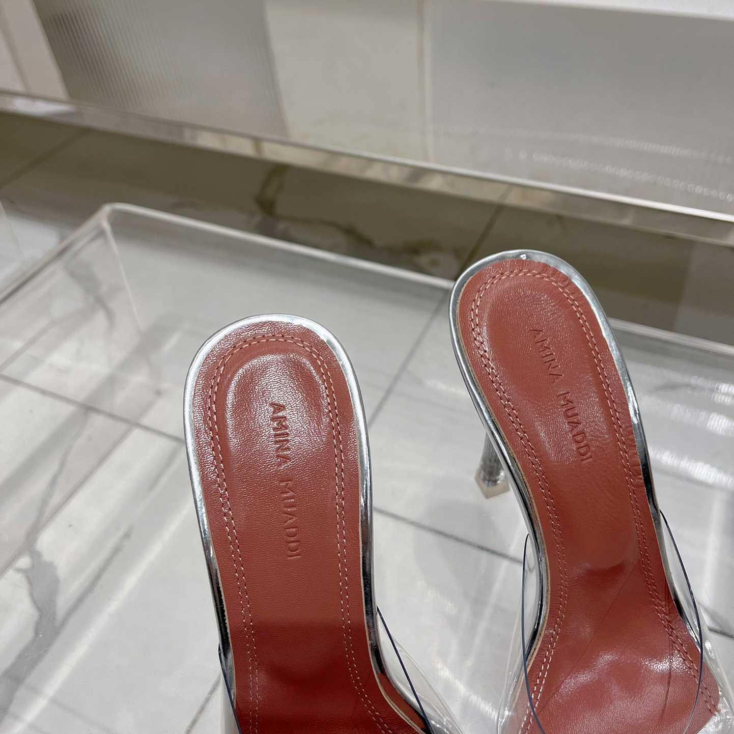 Amina Muaddi Lupita Glass Mules   110mm - FashionPlug