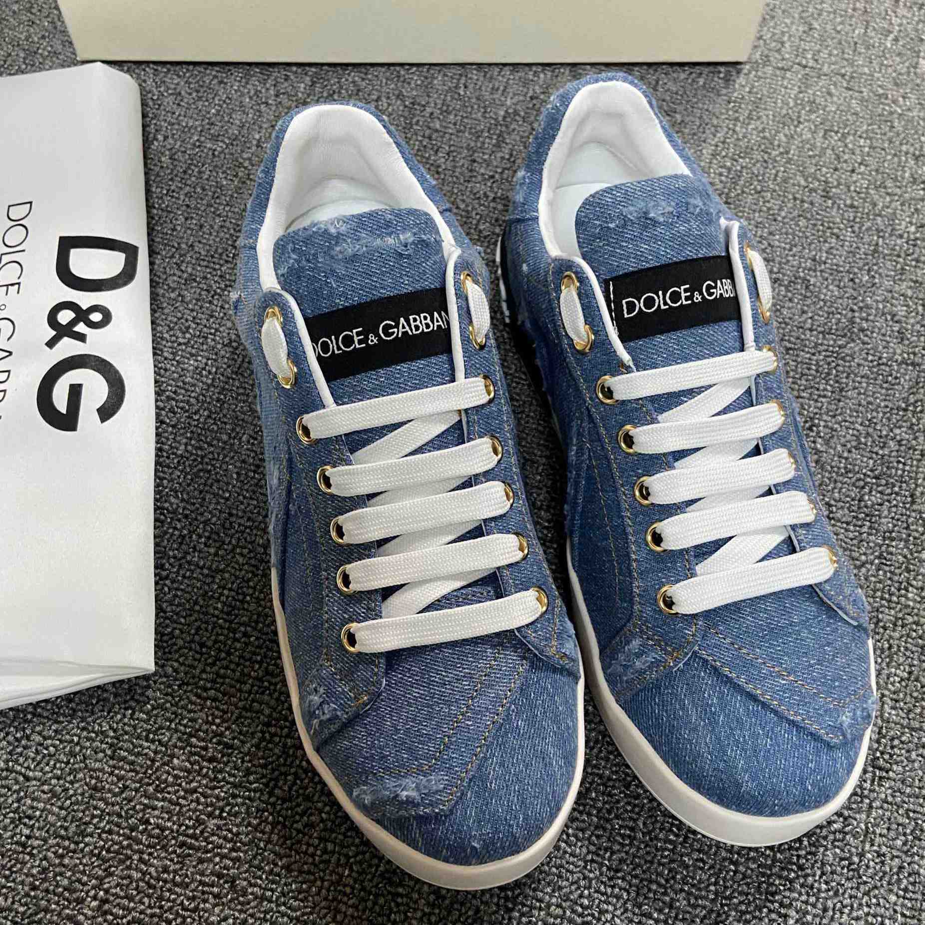 Dolce & Gabbana Portofino Denim Patchwork Trainers In Blue - FashionPlug
