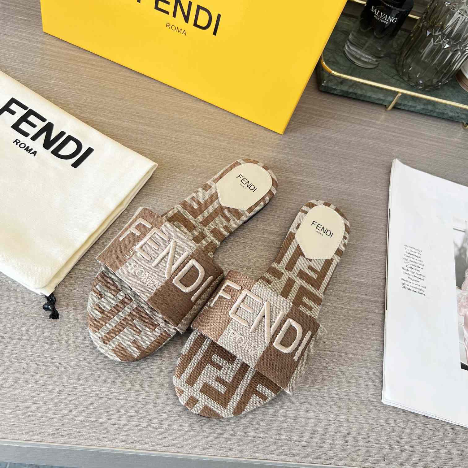 Fendi Signature Beige Fabric Slides - FashionPlug