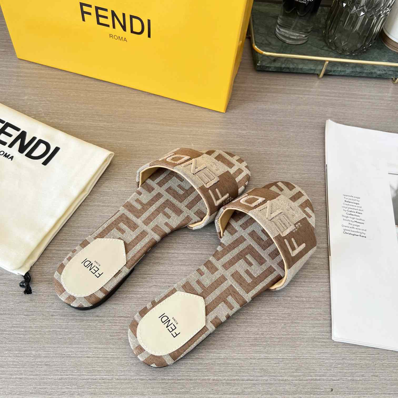 Fendi Signature Beige Fabric Slides - FashionPlug