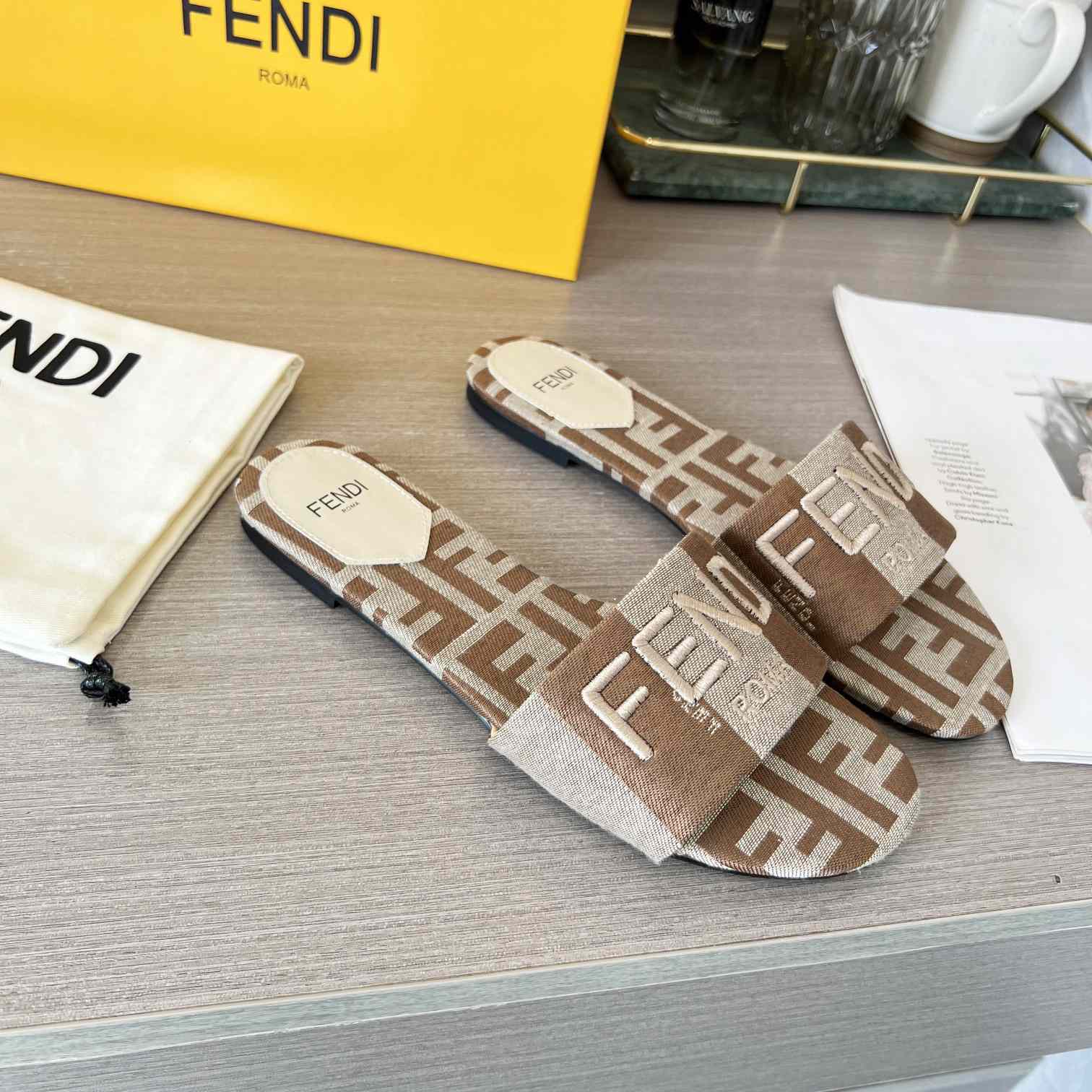 Fendi Signature Beige Fabric Slides - FashionPlug