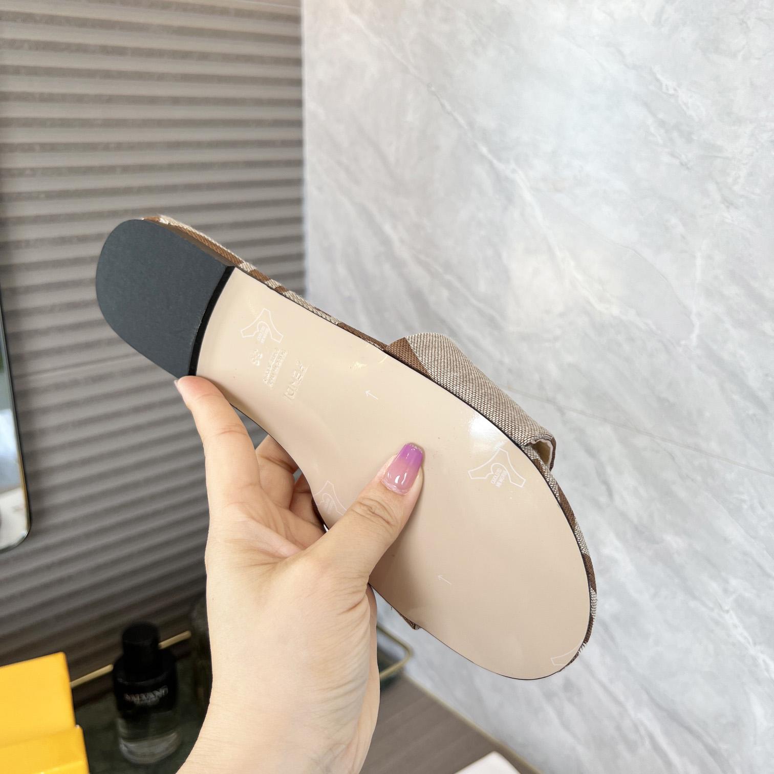 Fendi Signature Beige Fabric Slides - FashionPlug