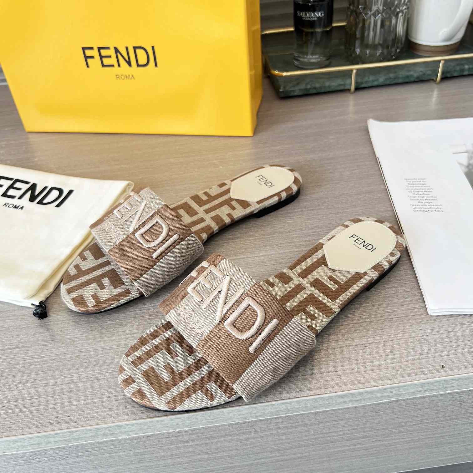 Fendi Signature Beige Fabric Slides - FashionPlug