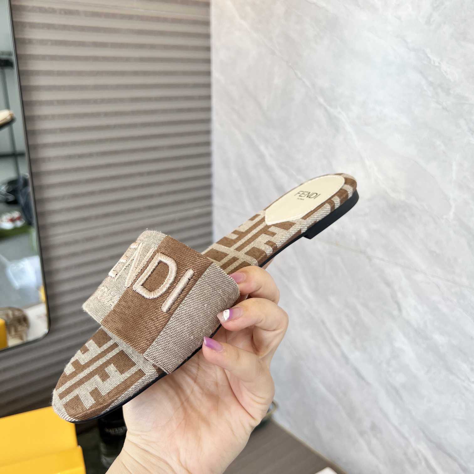 Fendi Signature Beige Fabric Slides - FashionPlug