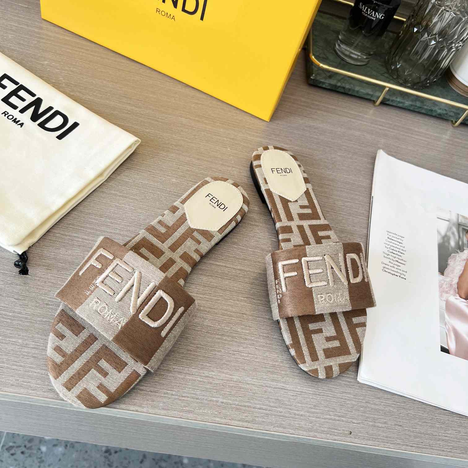 Fendi Signature Beige Fabric Slides - FashionPlug