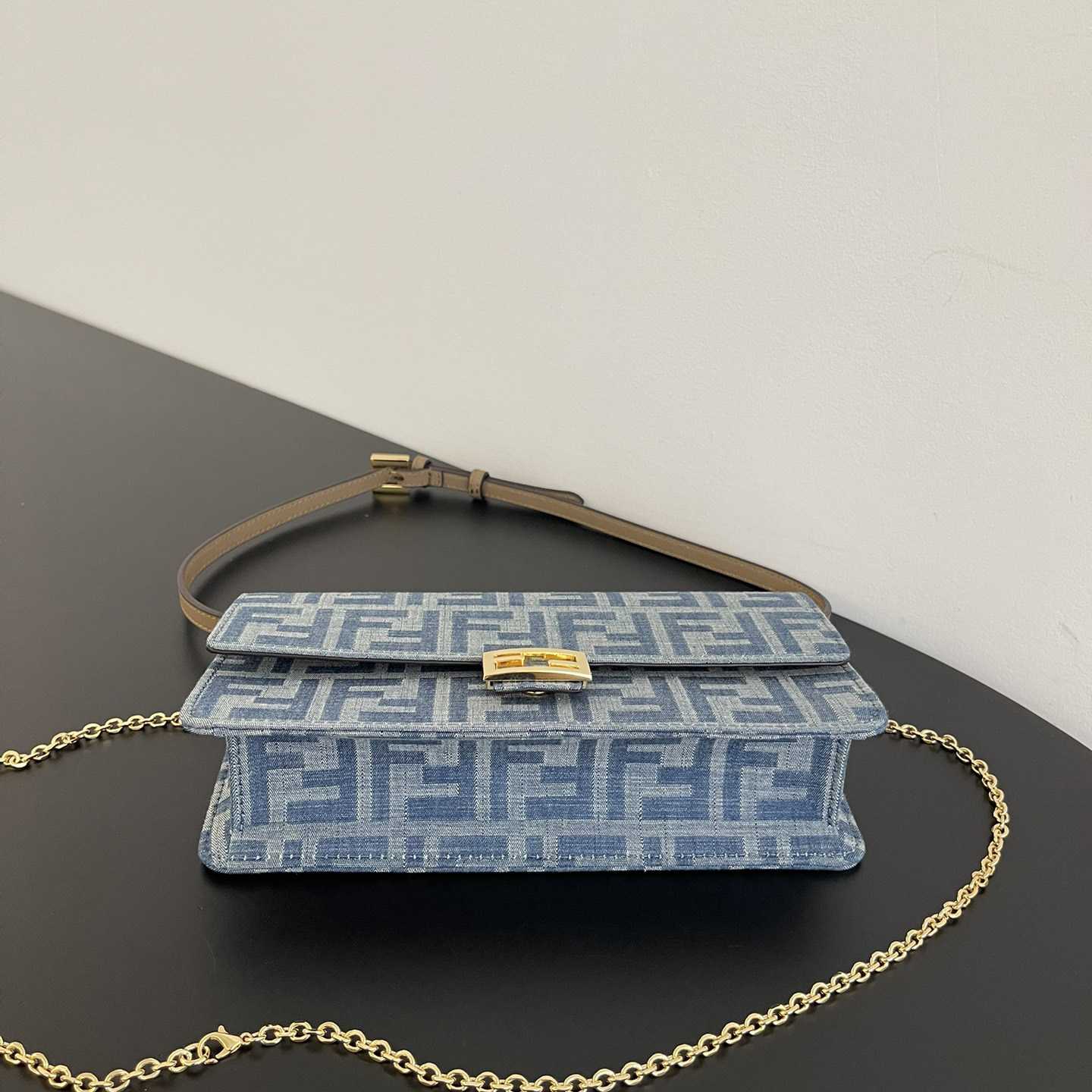 Fendi Wallet On Chain Baguette Light Blue FF Denim Fabric Wallet - FashionPlug