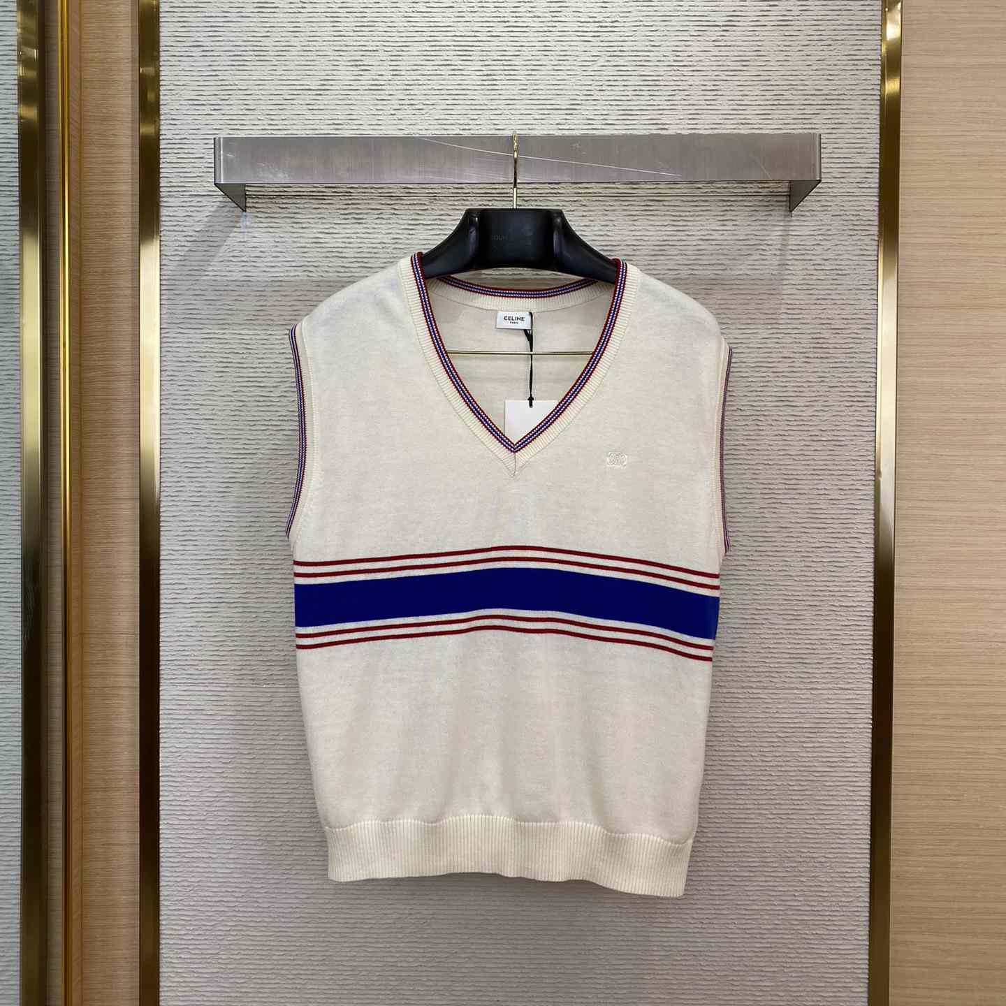 Celine Pull Sans Manches Triomphe 'Ecru/Blue/Red' - FashionPlug