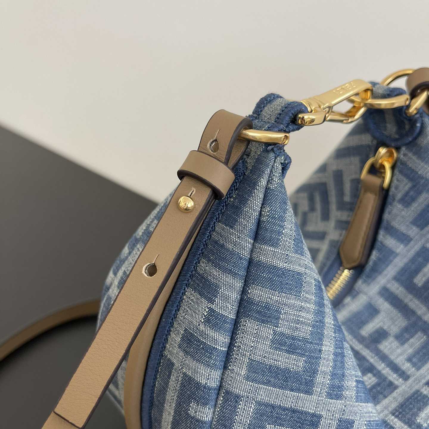 Fendi Women's Blue Graphy Mini Ff Denim & Leather Hobo Bag  - FashionPlug
