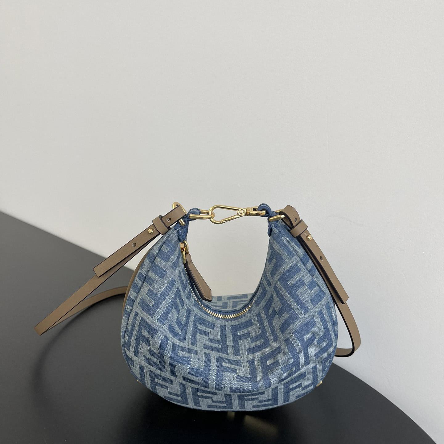 Fendi Women's Blue Graphy Mini Ff Denim & Leather Hobo Bag  - FashionPlug