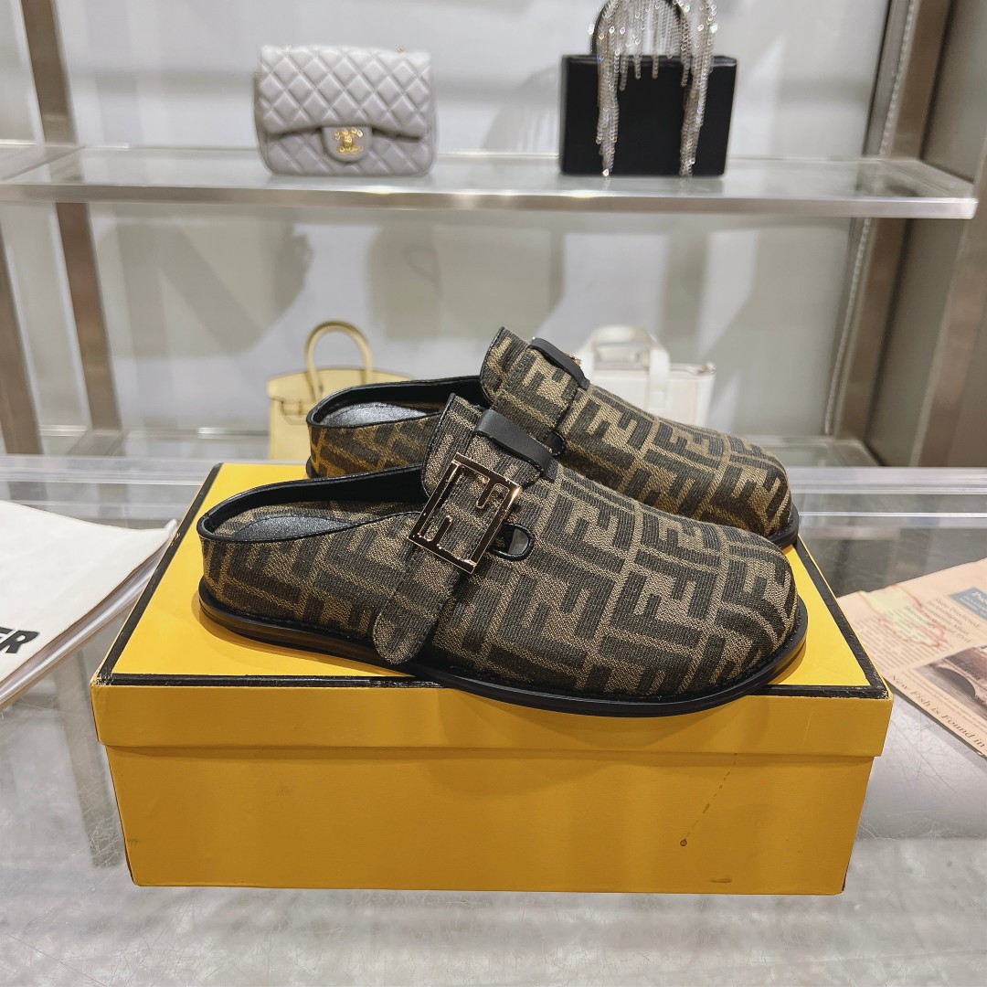 Fendi Feel Brown Fabric Sabots - FashionPlug