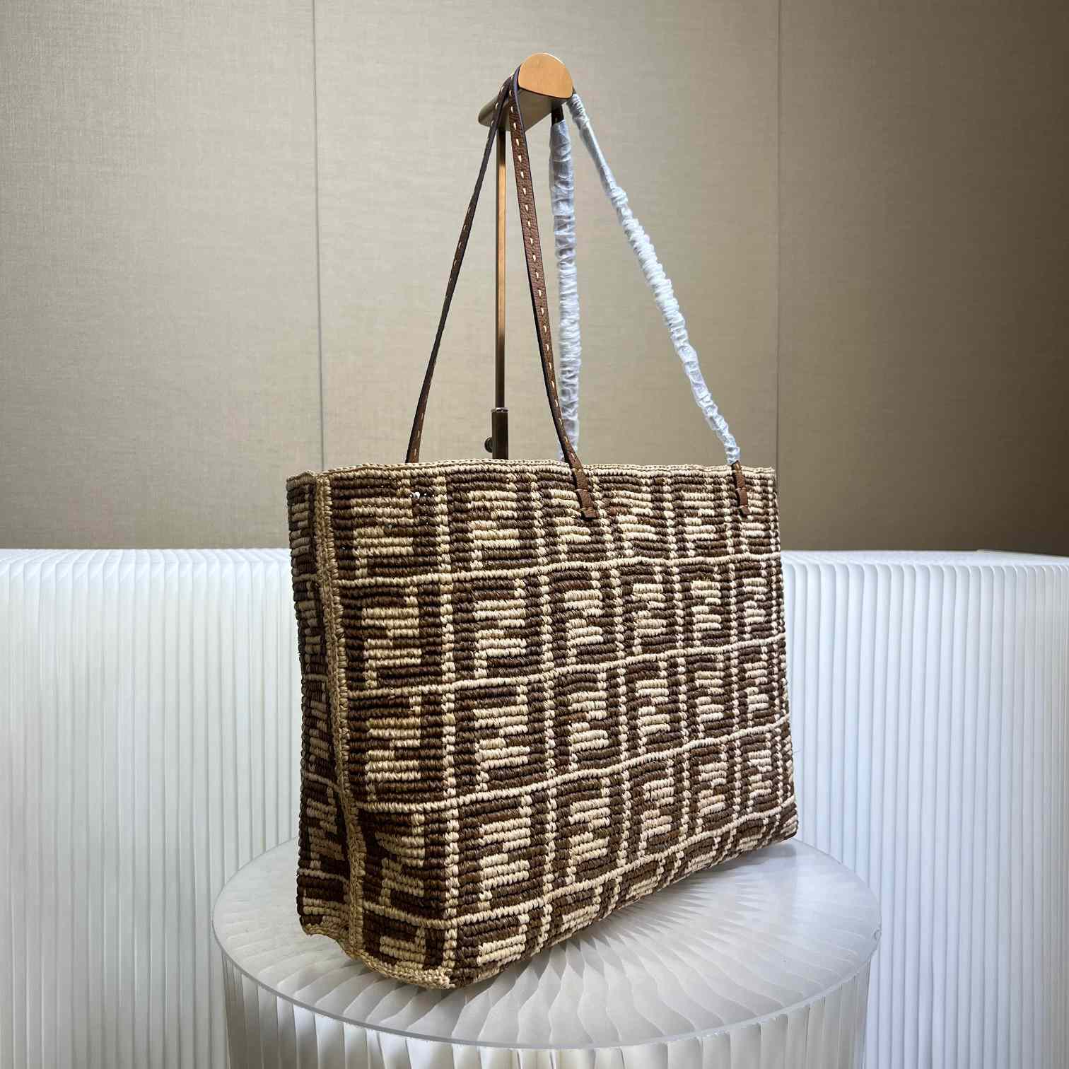 Fendi Roll Brown FF Raffia Crochet Shopper (35-32-19.5cm) - FashionPlug