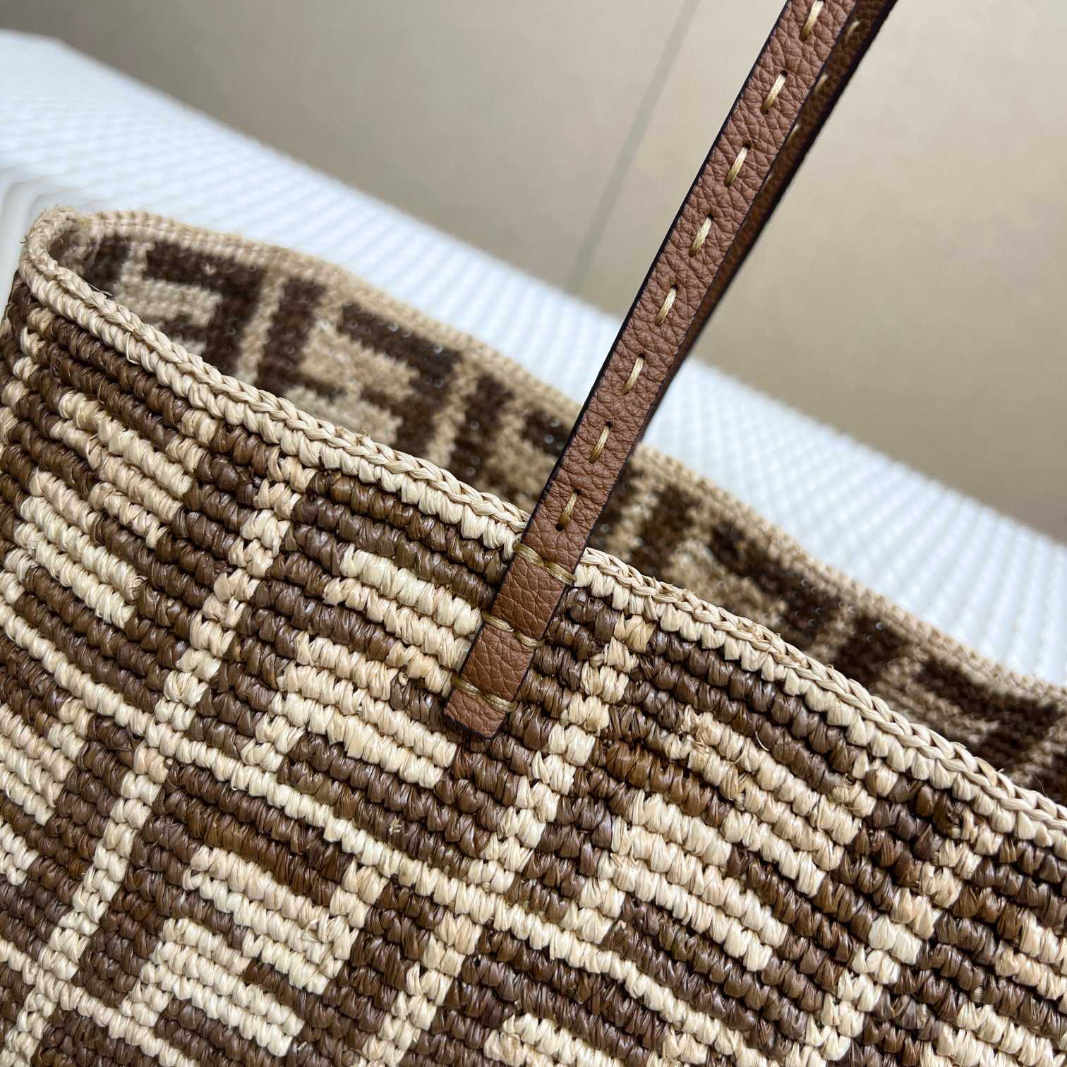 Fendi Roll Brown FF Raffia Crochet Shopper (35-32-19.5cm) - FashionPlug