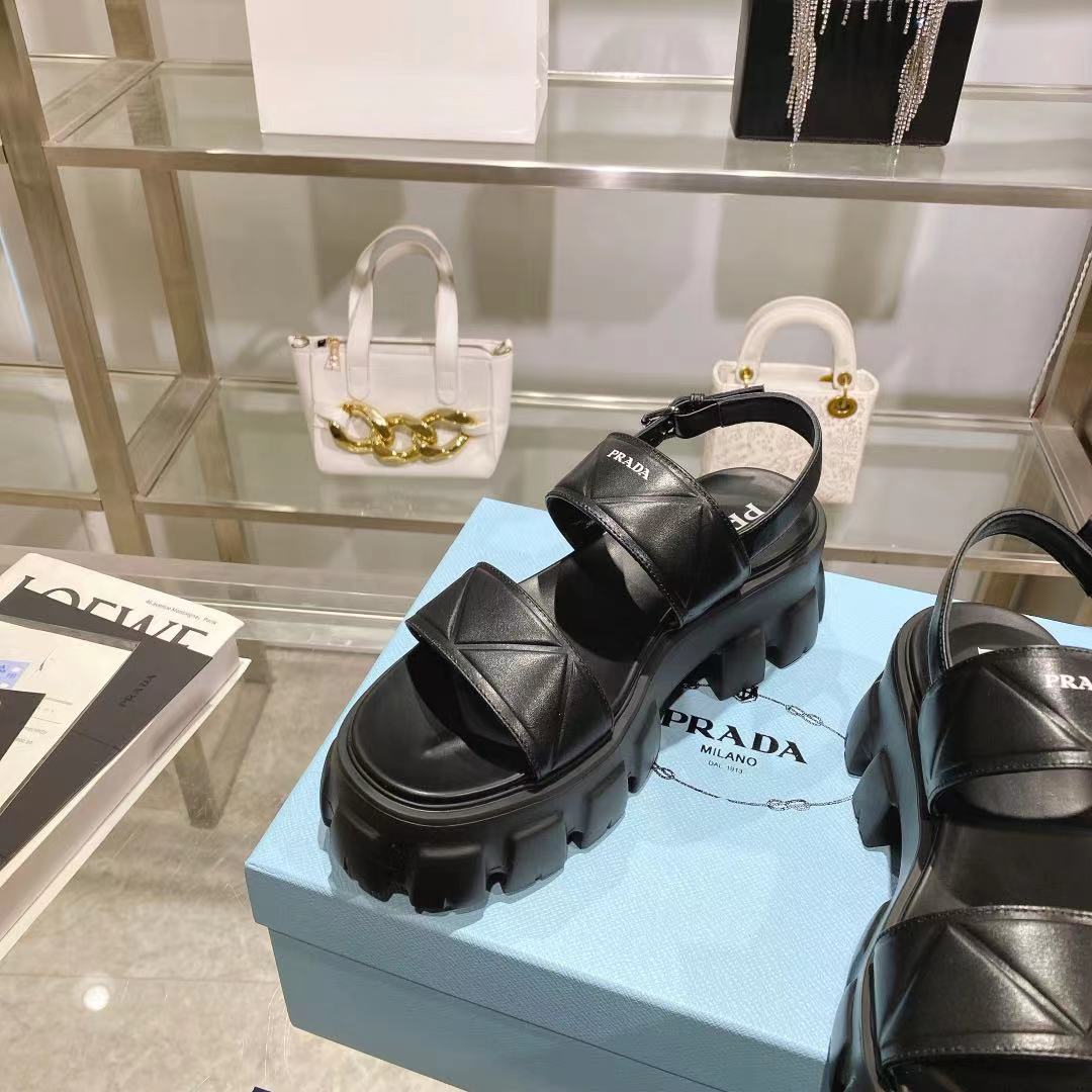 Prada Monolith Leather Platform Sandals - FashionPlug