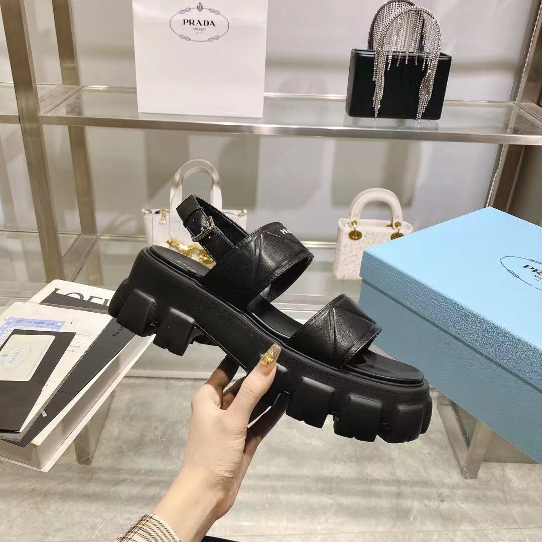 Prada Monolith Leather Platform Sandals - FashionPlug