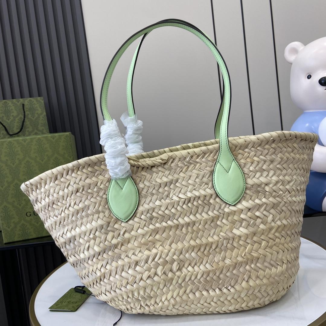 Gucci Small Straw Tote With Gucci Logo - FashionPlug