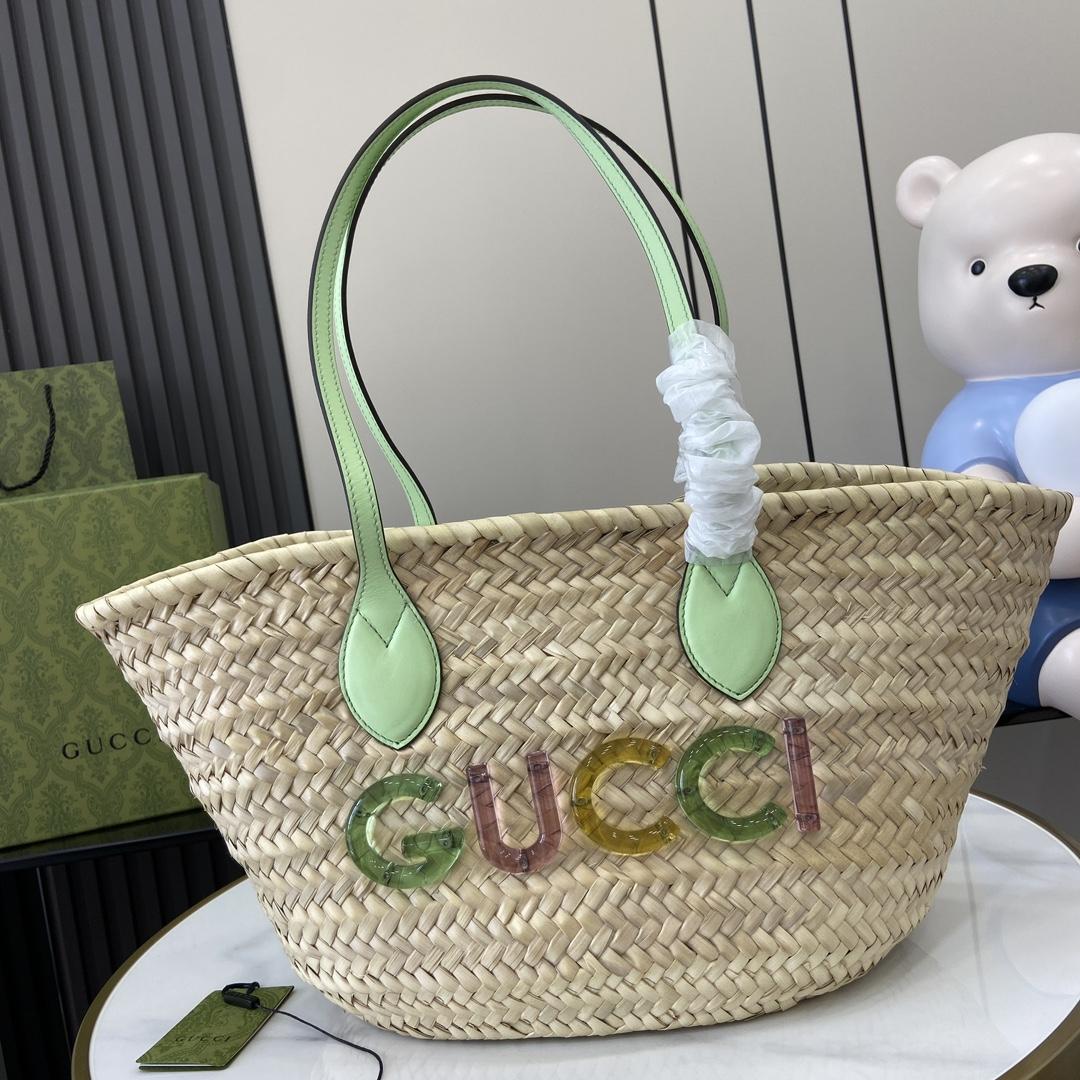 Gucci Small Straw Tote With Gucci Logo - FashionPlug