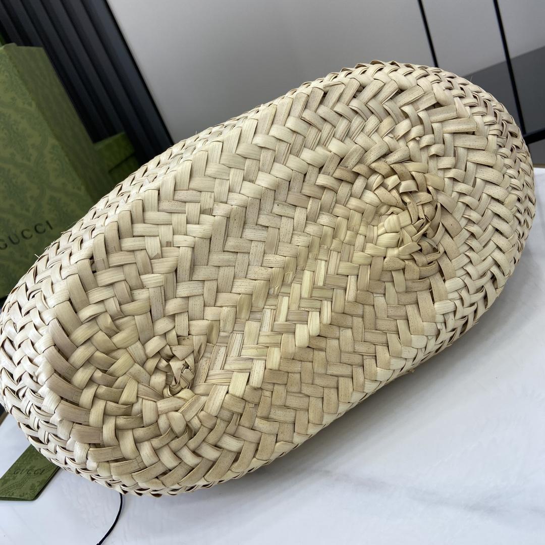 Gucci Small Straw Tote With Gucci Logo - FashionPlug