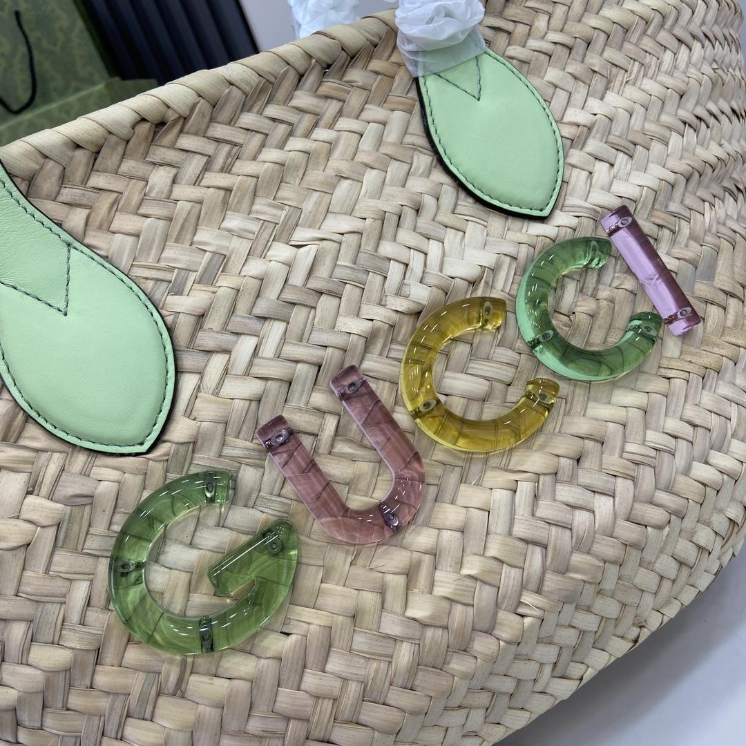 Gucci Small Straw Tote With Gucci Logo - FashionPlug