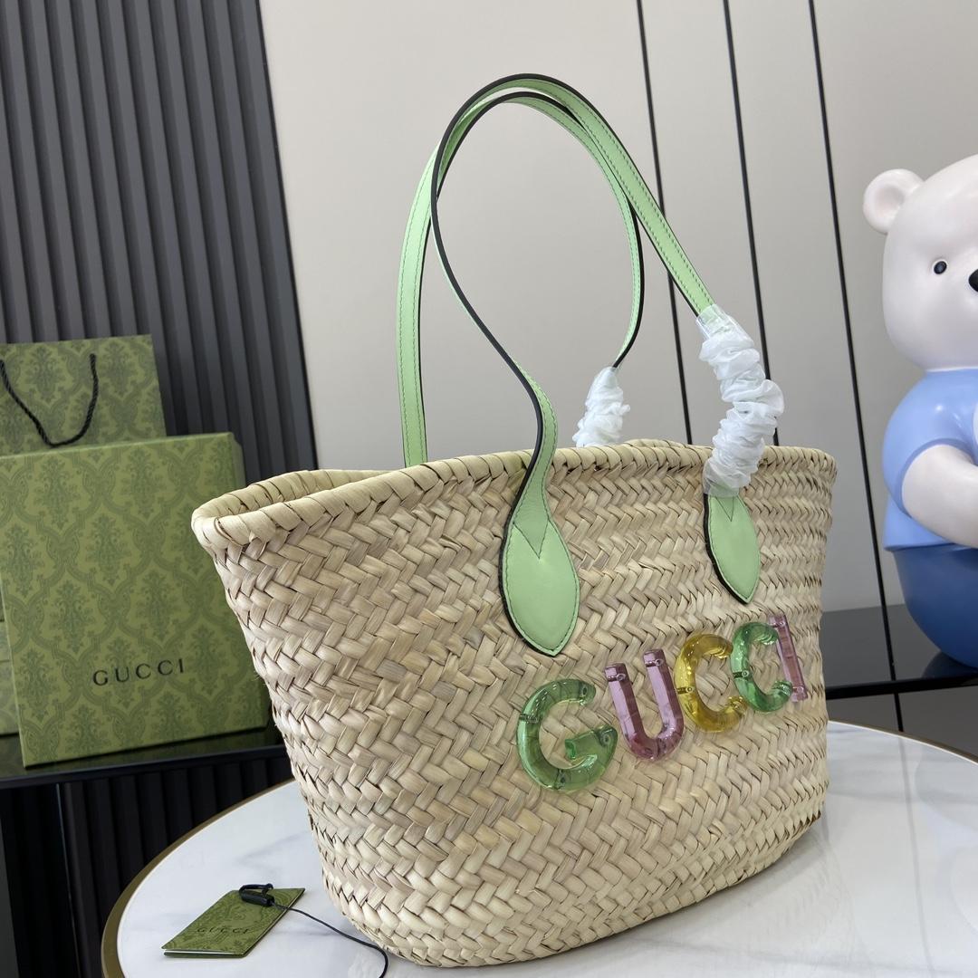 Gucci Small Straw Tote With Gucci Logo - FashionPlug