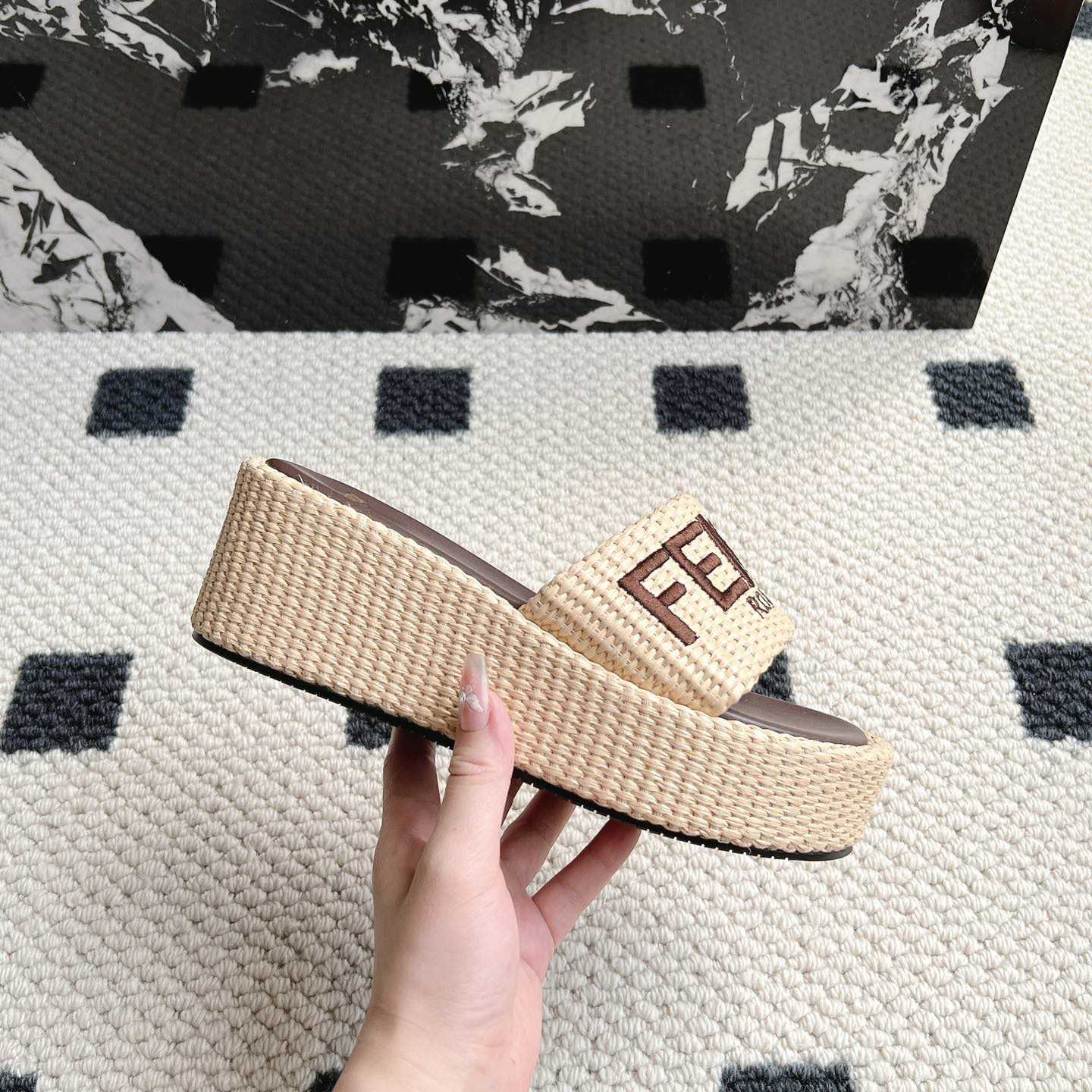 Fendi Sunshine Beige Cotton Fiber Flatform Slides - FashionPlug