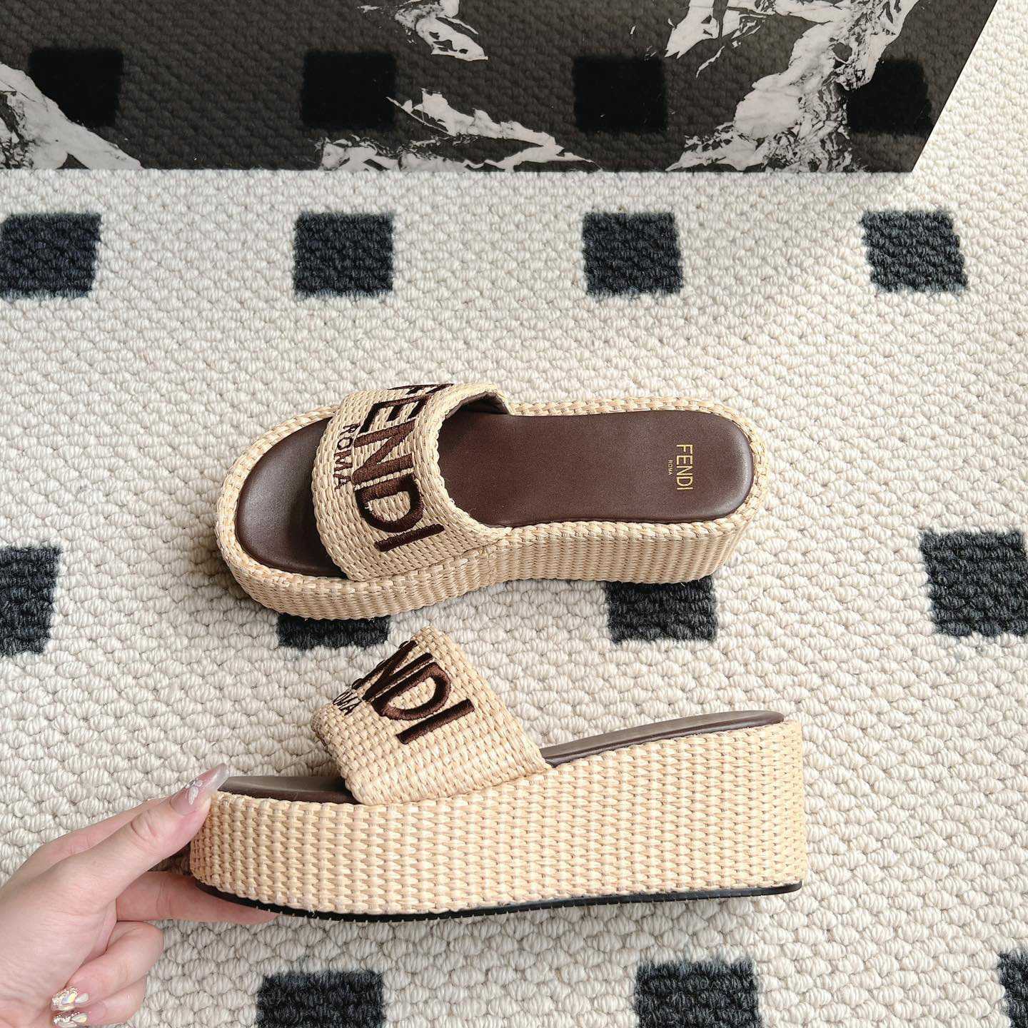 Fendi Sunshine Beige Cotton Fiber Flatform Slides - FashionPlug