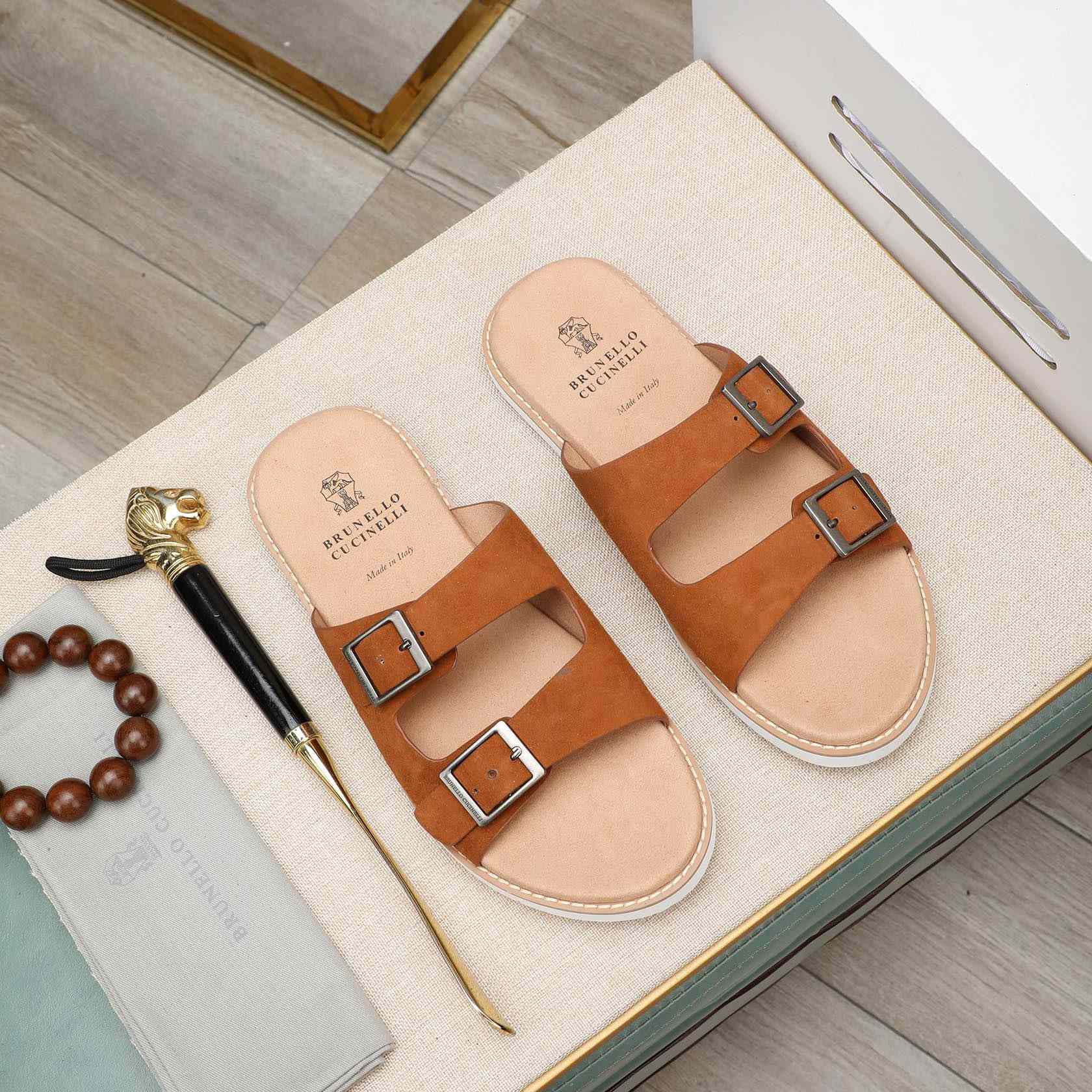 Brunello Cucinelli Buckled Suede Sandals - FashionPlug