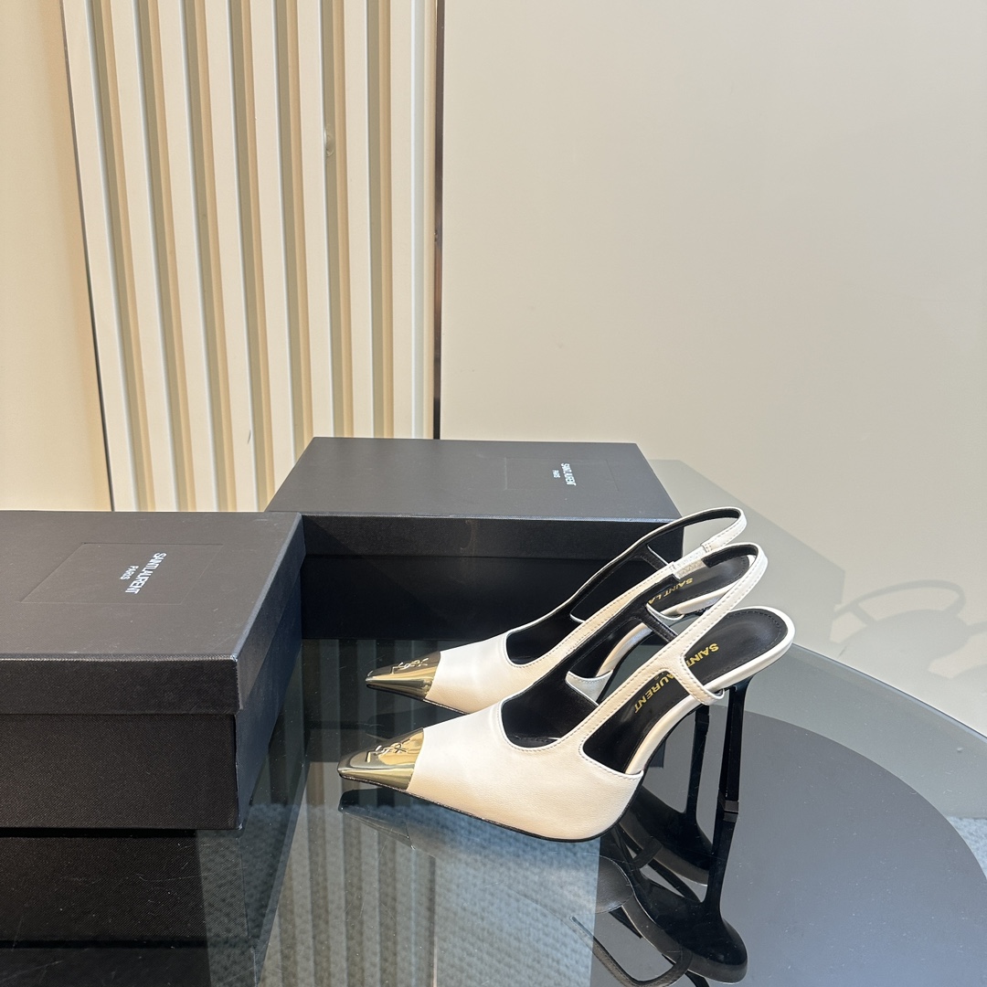 Saint Laurent Women's White Jeanne 100 Leather Slingback Pumps - FashionPlug