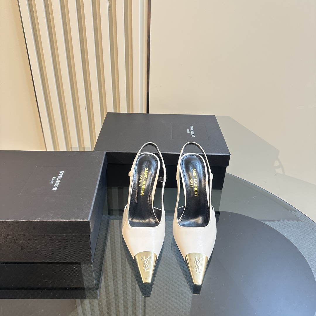 Saint Laurent Women's White Jeanne 100 Leather Slingback Pumps - FashionPlug