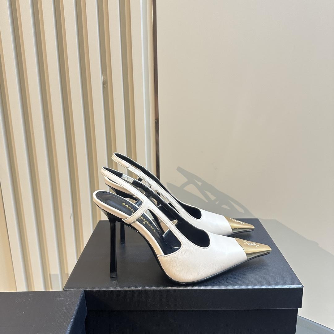 Saint Laurent Women's White Jeanne 100 Leather Slingback Pumps - FashionPlug