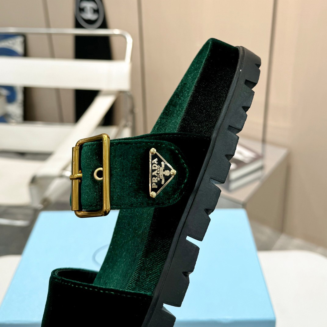 Prada Green Velvet Buckle Slides - FashionPlug