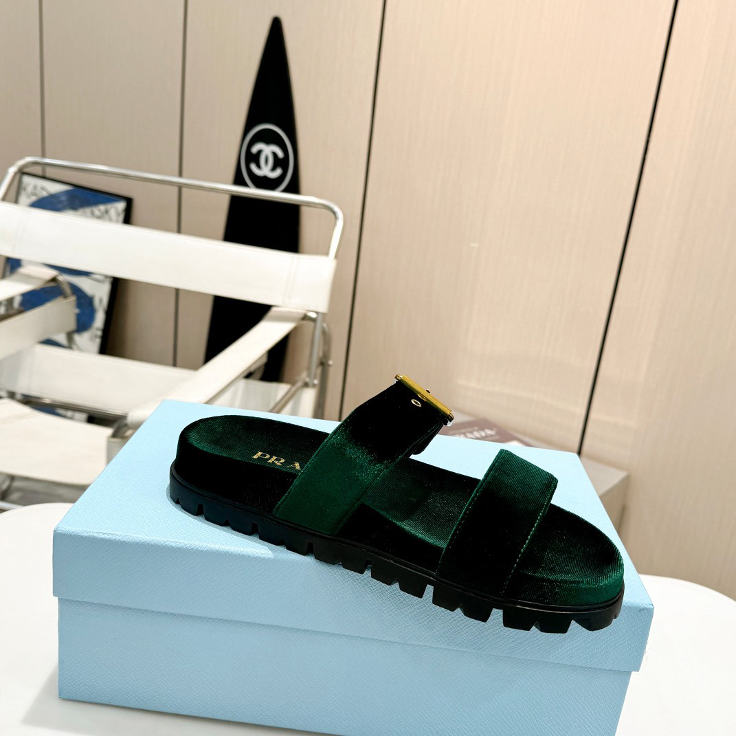 Prada Green Velvet Buckle Slides - FashionPlug