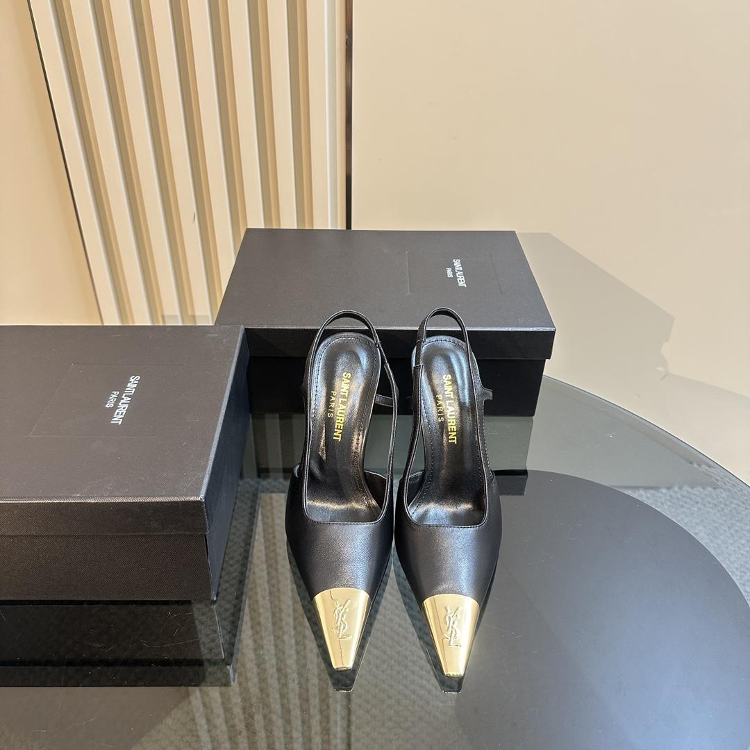 Saint Laurent Women's Black Jeanne 100 Leather Slingback Pumps - FashionPlug