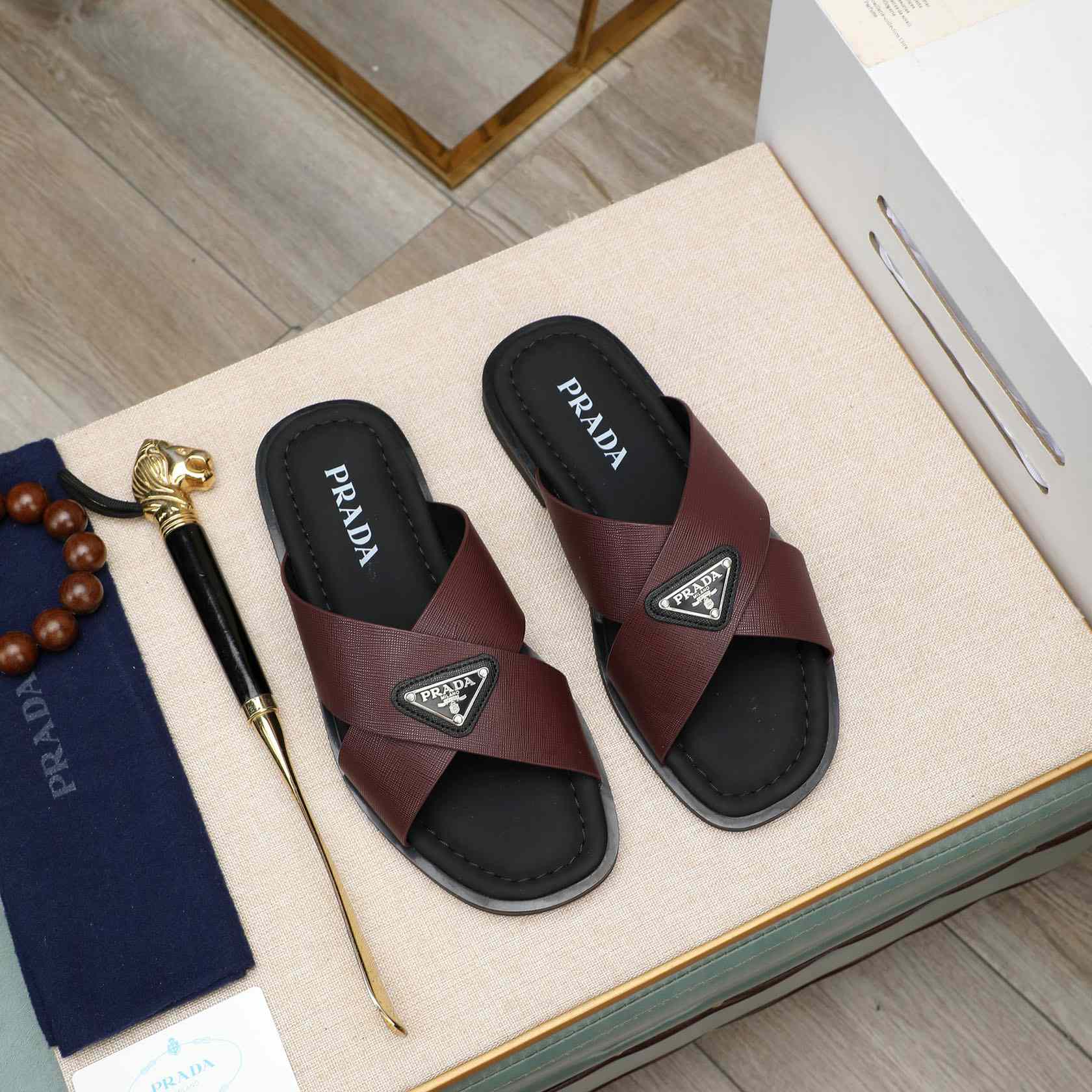 Prada Saffiano Leather Crisscross Sandals - FashionPlug