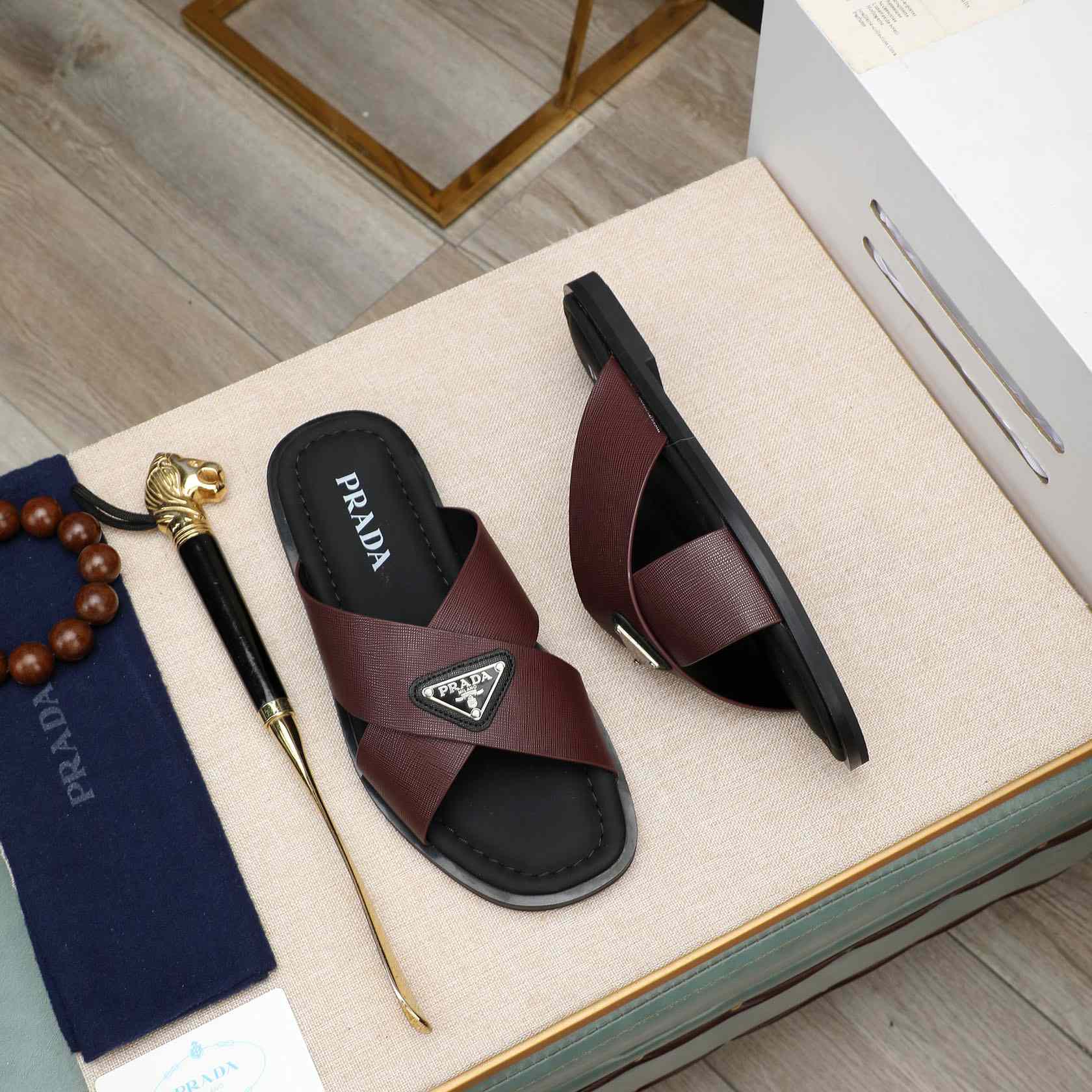 Prada Saffiano Leather Crisscross Sandals - FashionPlug