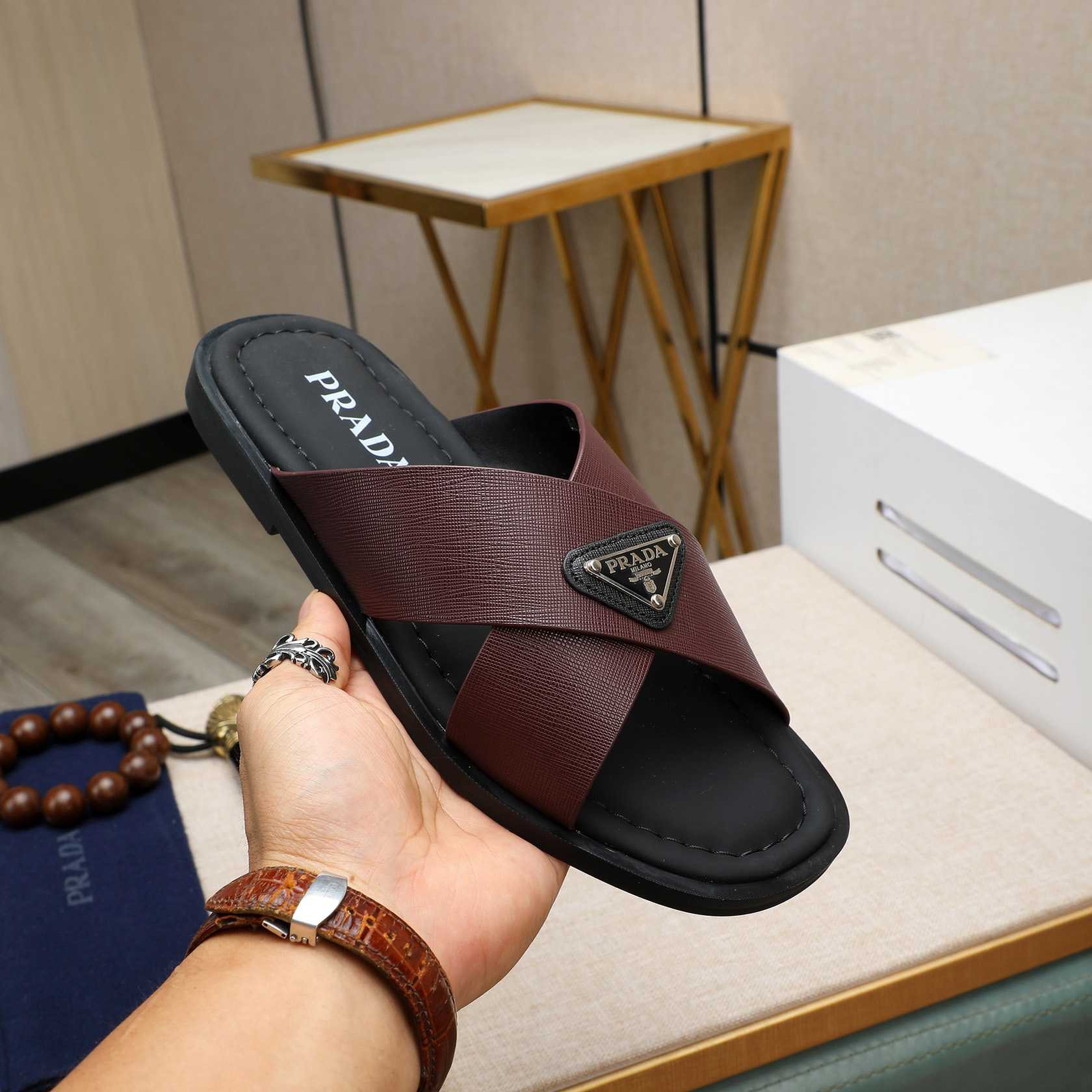 Prada Saffiano Leather Crisscross Sandals - FashionPlug