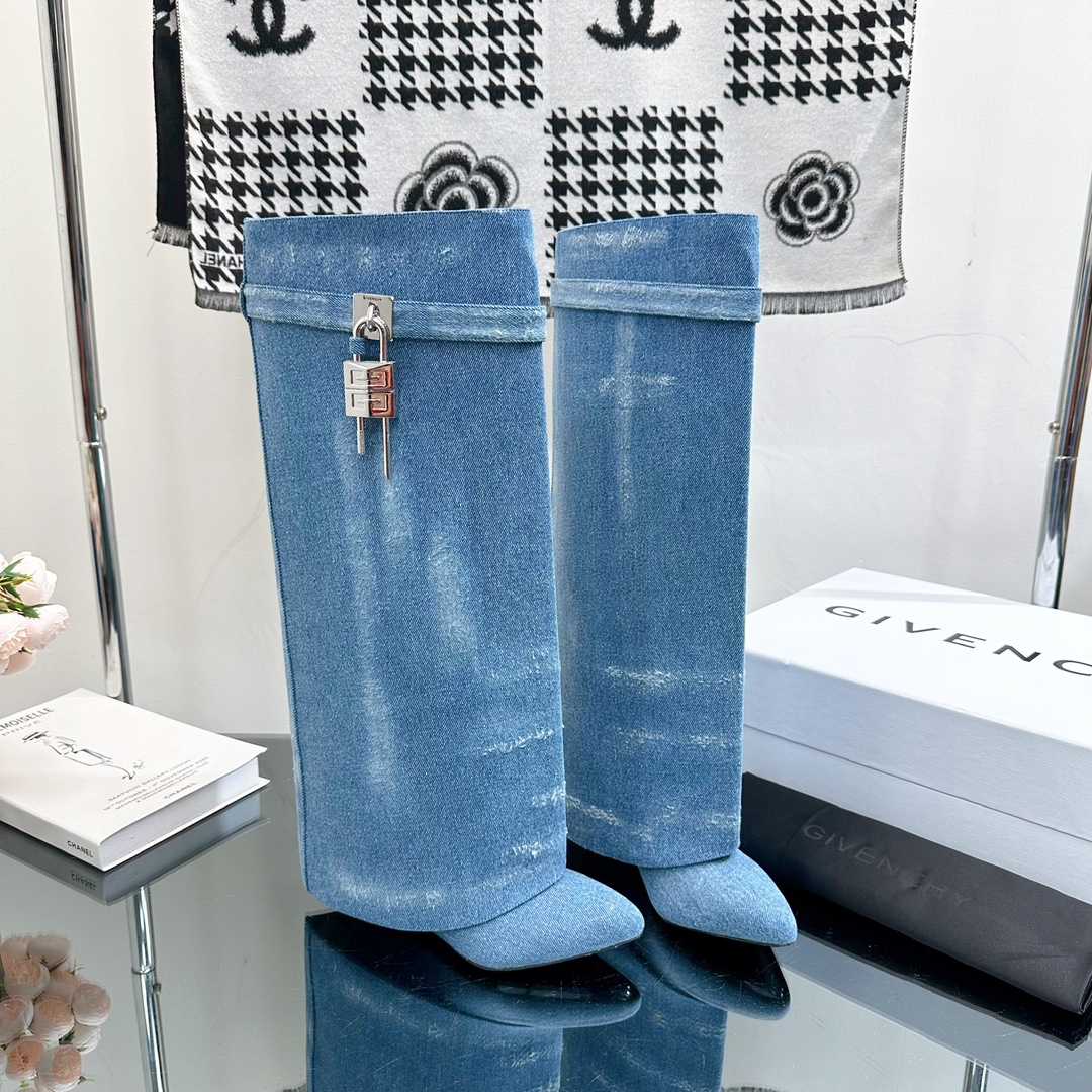 Givenchy Shark Lock Boots In Washed Denim - FashionPlug