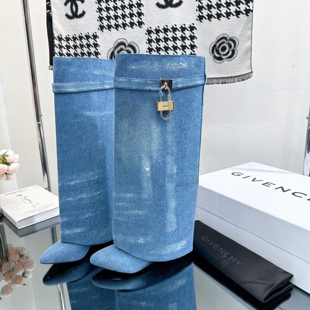 Givenchy Shark Lock Boots In Washed Denim - FashionPlug