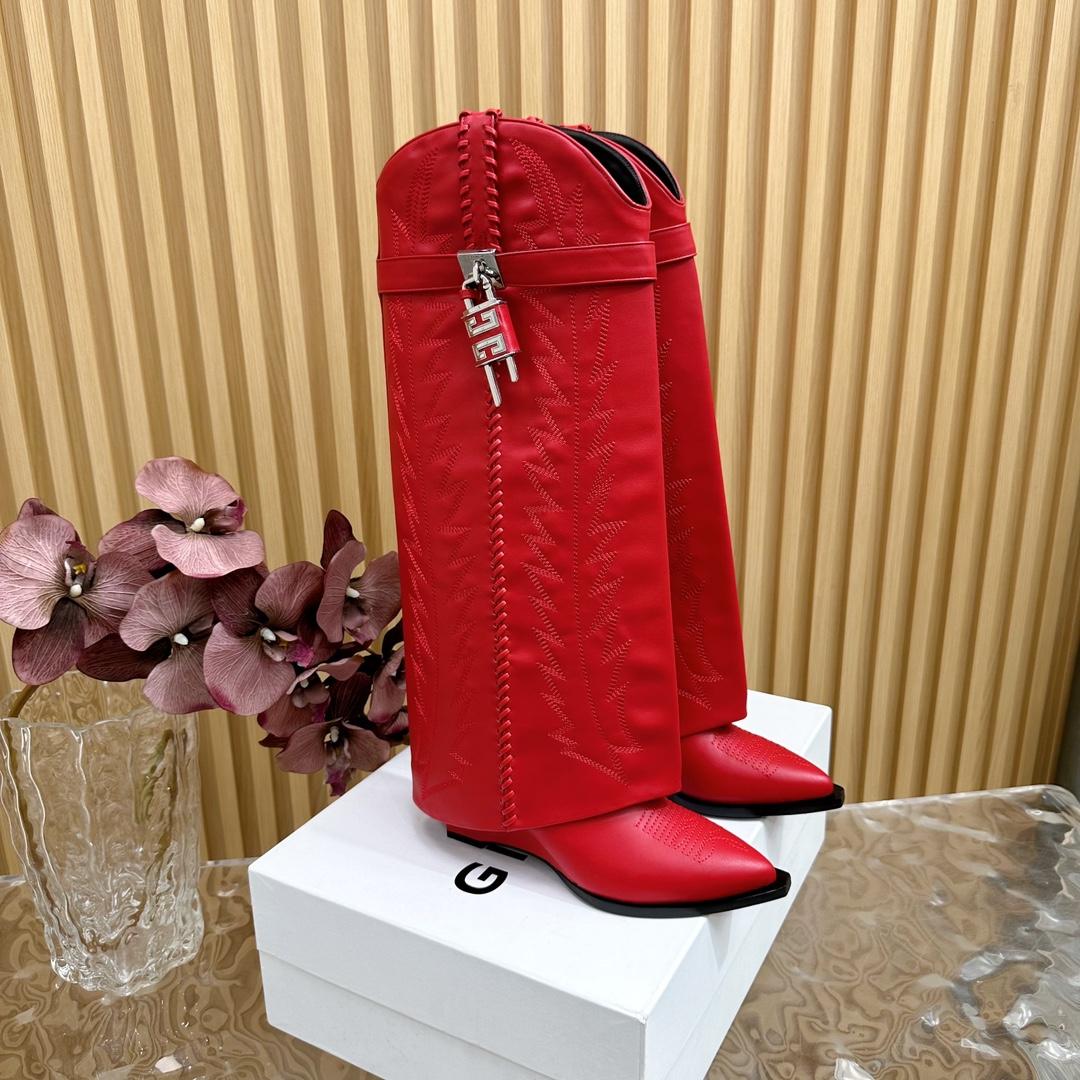 Givenchy Shark Lock Cowboy Boots In Leather With Western Pattern - FashionPlug