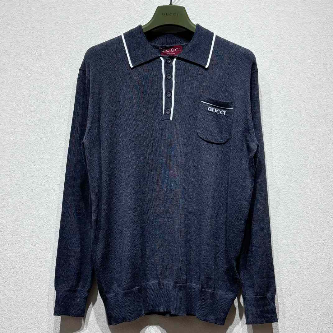 Gucci Knit Wool Long Sleeve Polo Top - FashionPlug
