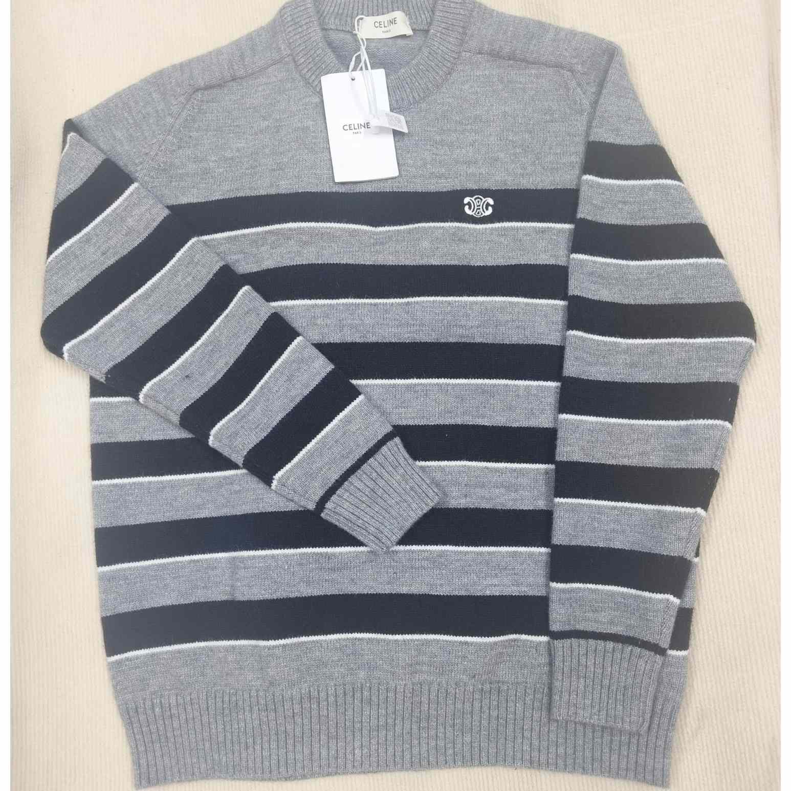 Celine Striped Triomphe Crew Neck Sweater In Wool - FashionPlug