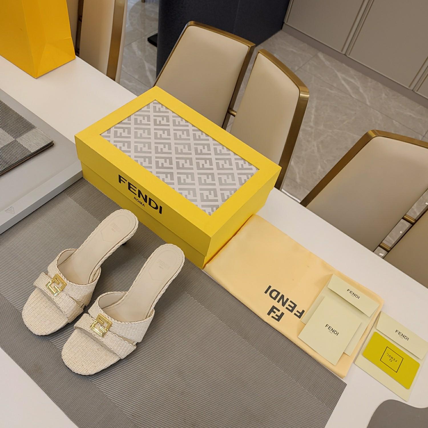Fendi FFold Beige Cotton Fibre Medium-heel Sandals - FashionPlug