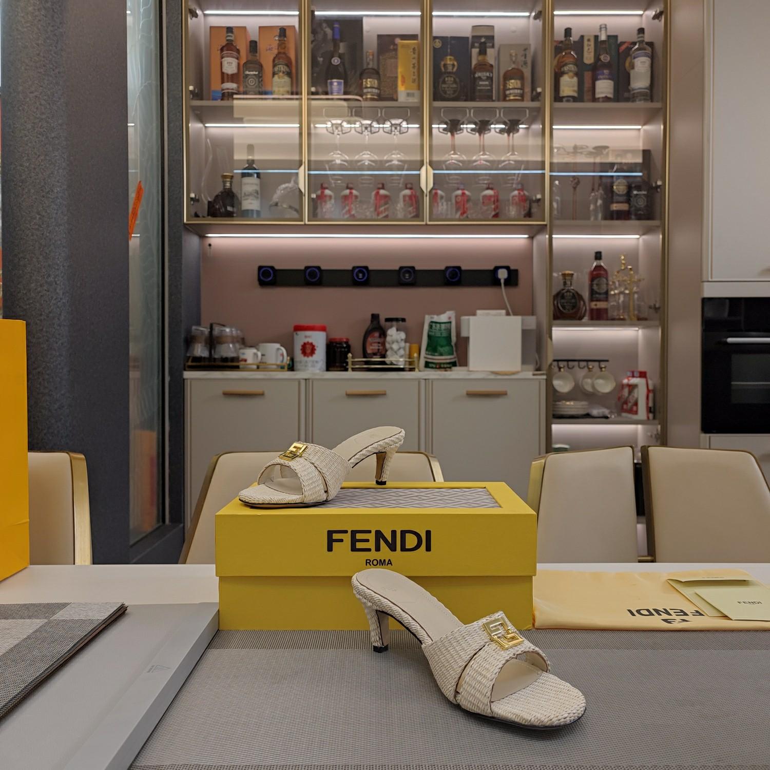 Fendi FFold Beige Cotton Fibre Medium-heel Sandals - FashionPlug