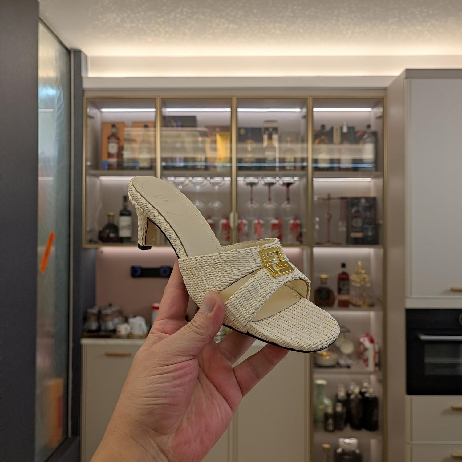 Fendi FFold Beige Cotton Fibre Medium-heel Sandals - FashionPlug