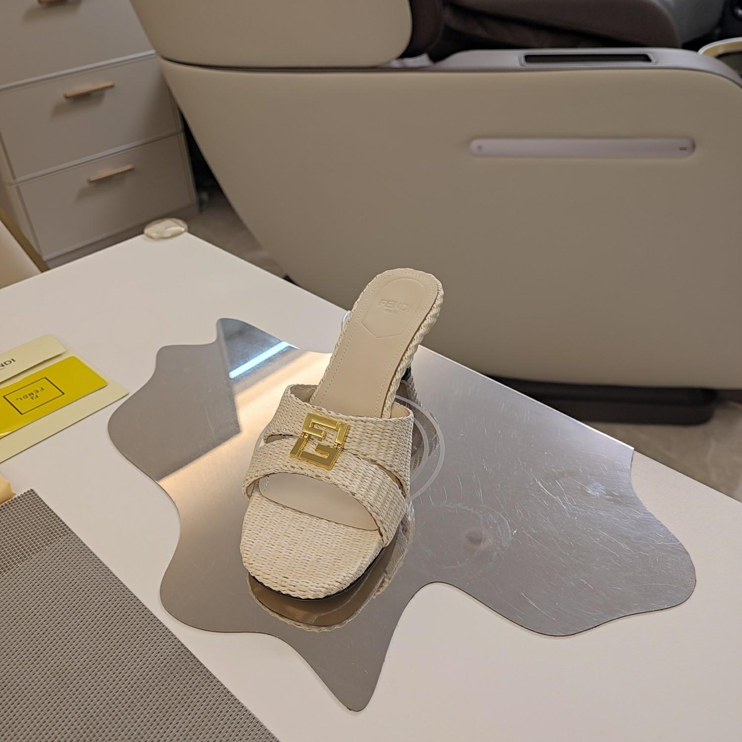 Fendi FFold Beige Cotton Fibre Medium-heel Sandals - FashionPlug