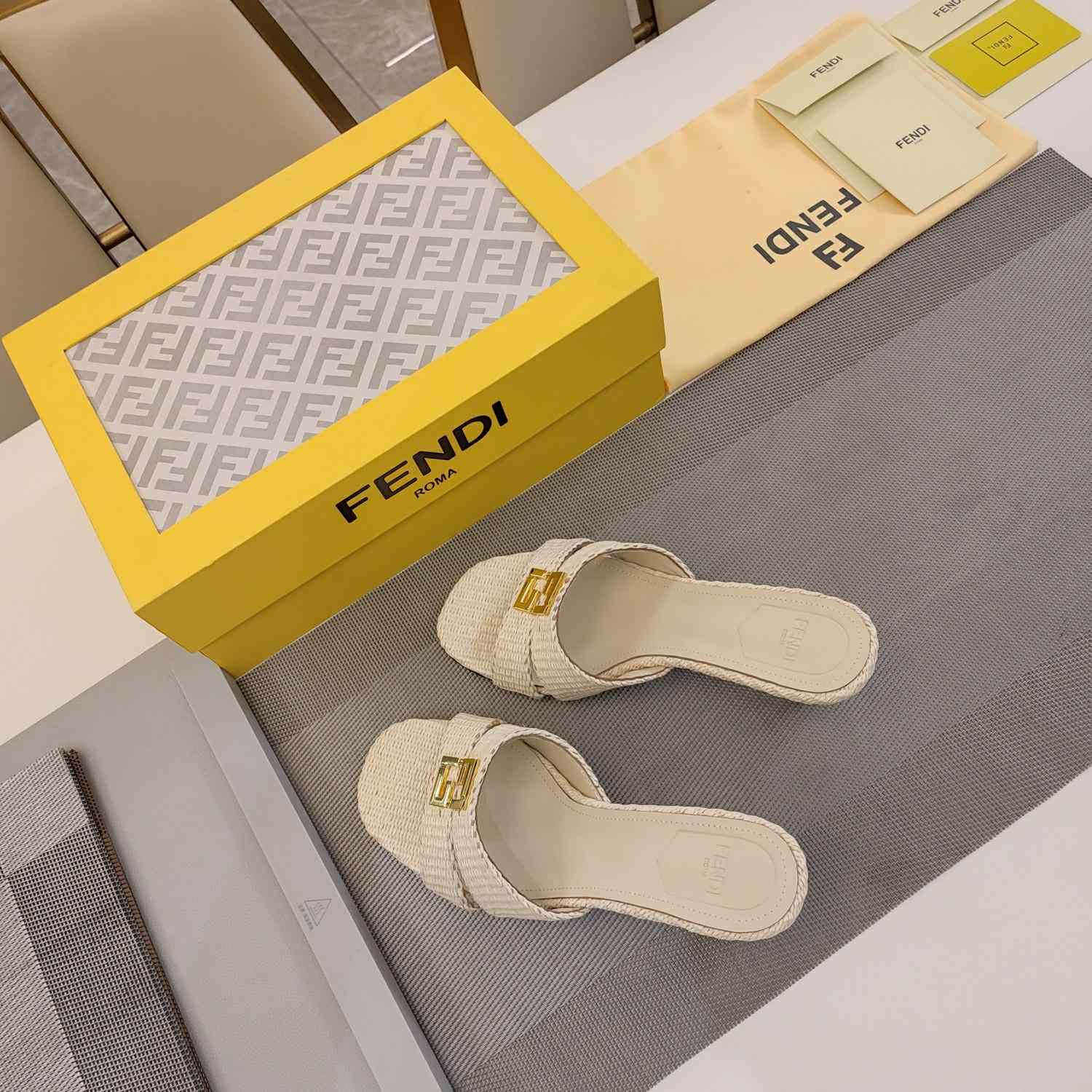 Fendi FFold Beige Cotton Fibre Medium-heel Sandals - FashionPlug